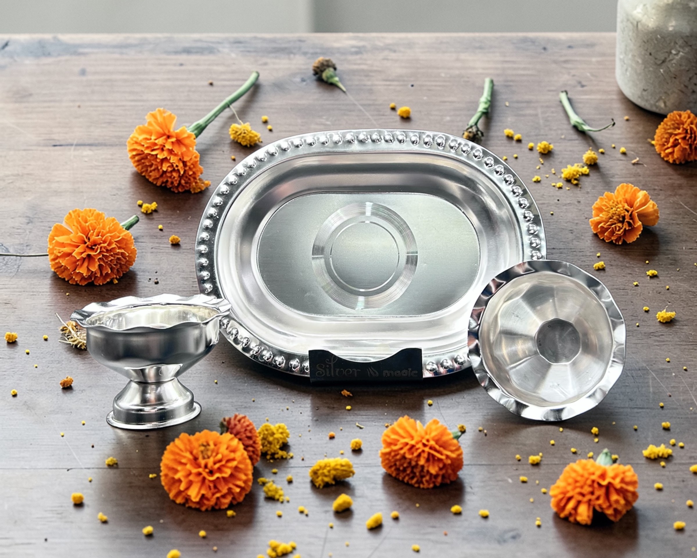 germansilver (6) Kumkum Haldi Tray Set - Image 1